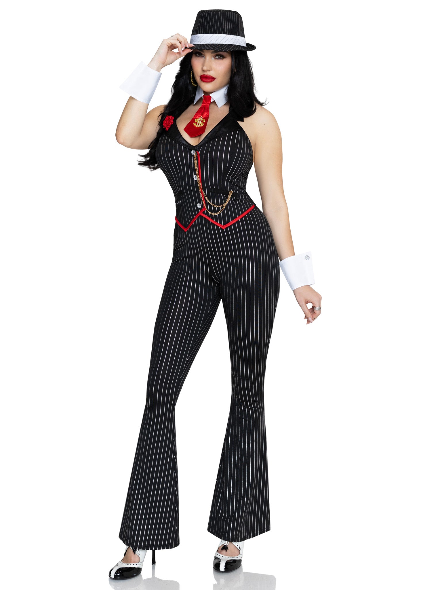 Woman wearing a black pinstripe jumpsuit with a red tie and white gloves on a white background
