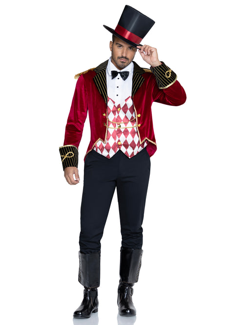 A man modeling a circus or ringmaster costume against a plain white background. The costume includes a black top hat with a red band, a deep red velvet jacket with gold trim, a white shirt, a red and white diamond-patterned vest, black pants, and black boots.