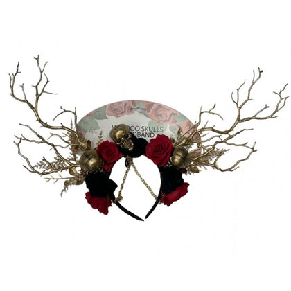 Goth Skull Headband Red Flowers Gold Skulls