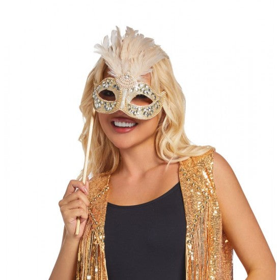 Gold Feather Masquerade Stick Mask