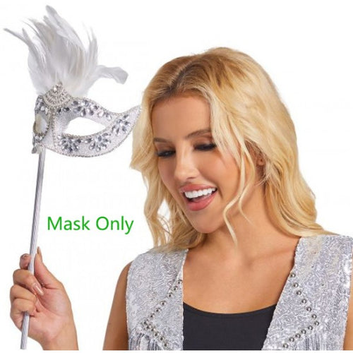 Silver Feather Masquerade Stick Mask