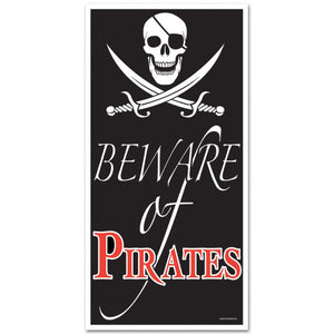 Pirate-themed sign with skull and crossed swords on a black background