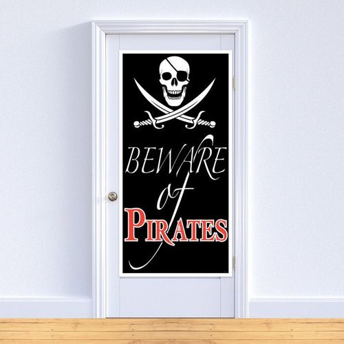 Door with a pirate-themed decal featuring a skull and crossed swords on a black background.