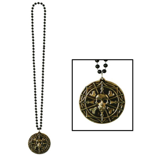 Necklace with skull and compass design pendant on a white background