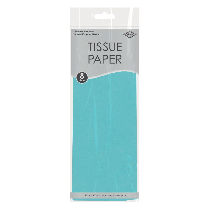 Pack of turquoise tissue paper with a white label on a white background