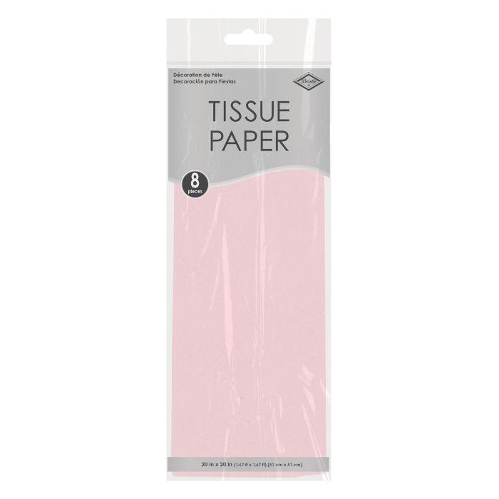 Pack of pink tissue paper with a gray label on a white background