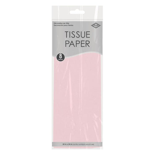 Pack of pink tissue paper with a gray label on a white background