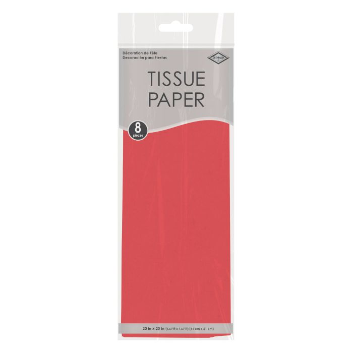 Pack of red tissue paper with a gray label on a white background