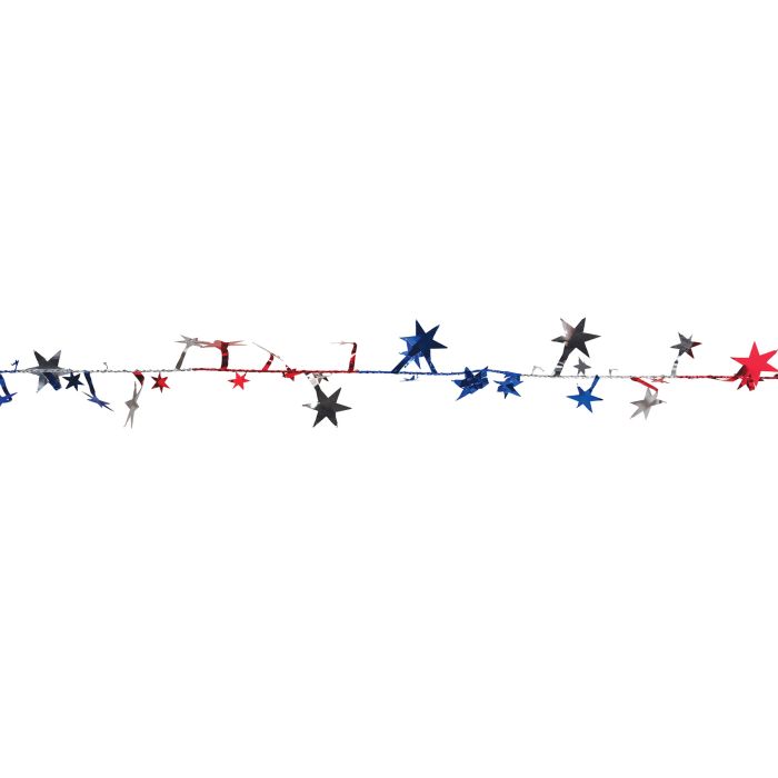 Decorative string with red, blue, and white stars on a white background