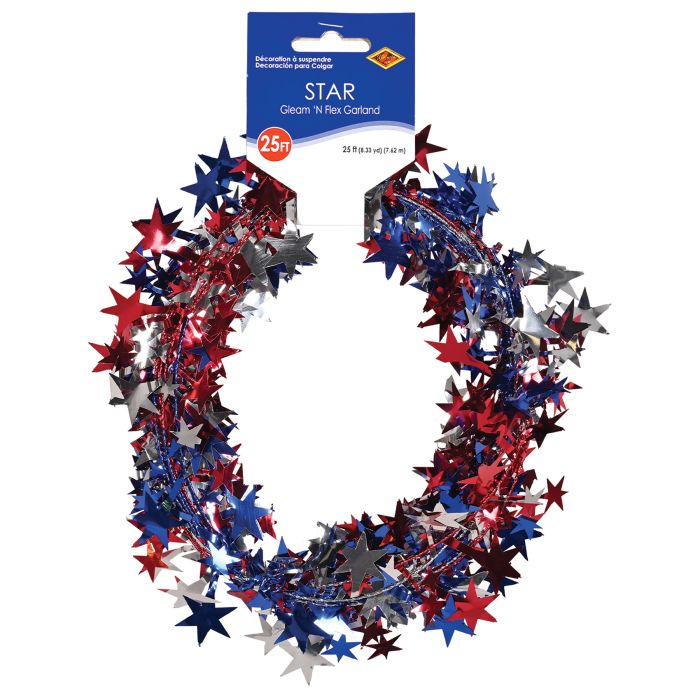 Star-shaped garland with red, blue, and silver stars on a white background