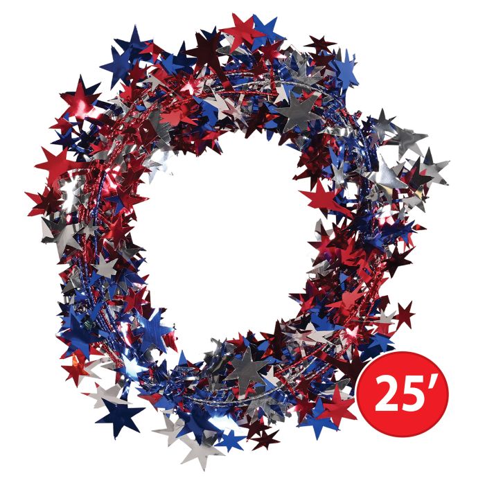 Decorative garland with red, blue, and silver stars on a white background