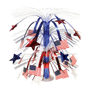 Decorative centerpiece with American flags and stars on a white background
