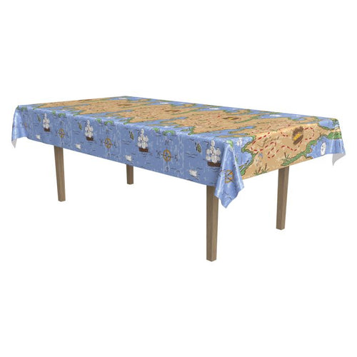 Table with a pirate-themed tablecloth on a white background