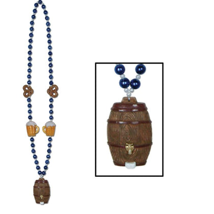 Necklace with blue beads and wooden barrel-shaped pendants on a white background