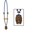 Necklace with blue beads and wooden barrel-shaped pendants on a white background