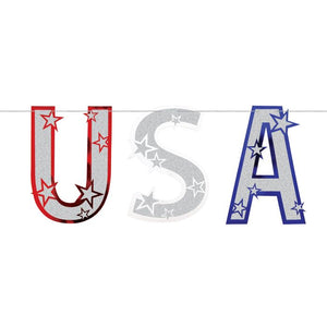 Decorative banner with 'USA' letters in red, white, and blue on a white background