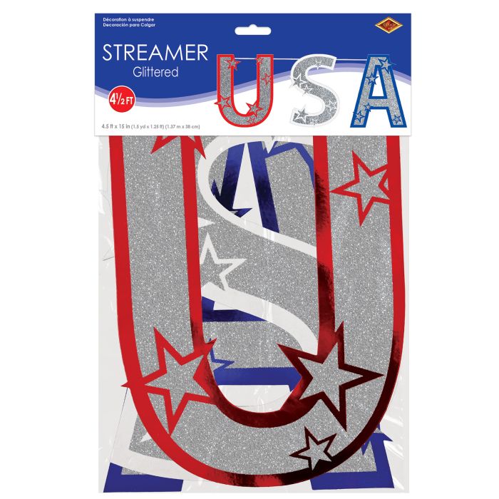 Glittered 'USA' streamer with stars on a white background