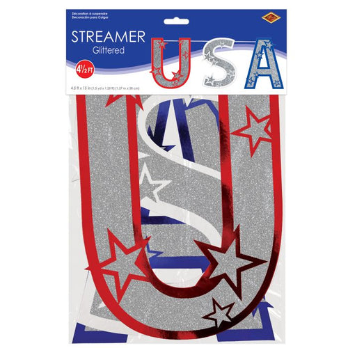 Glittered 'USA' streamer with stars on a white background