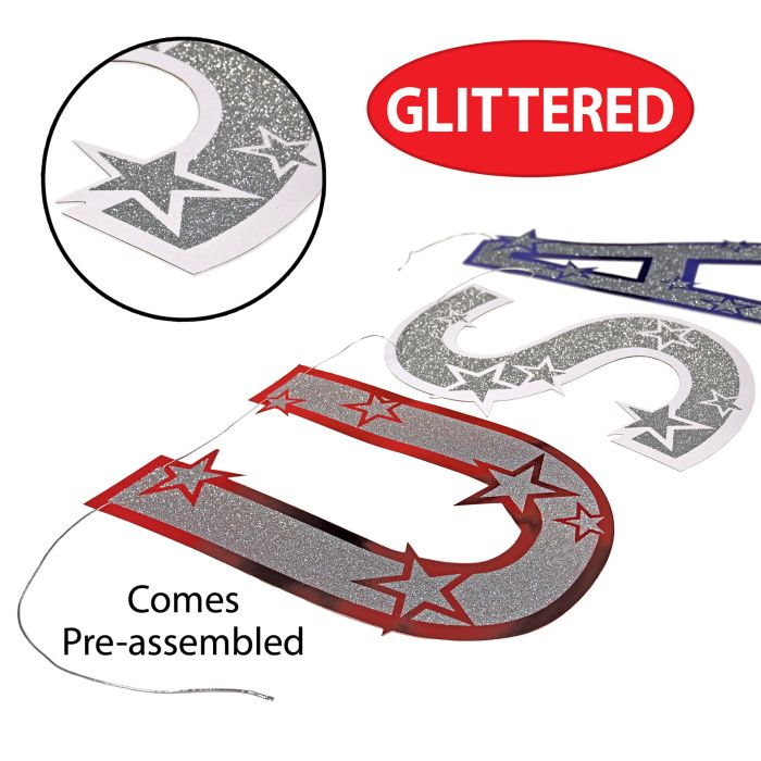 Decorative letter 'S' with stars, labeled 'Glittered' and 'Pre-assembled', on a white background.