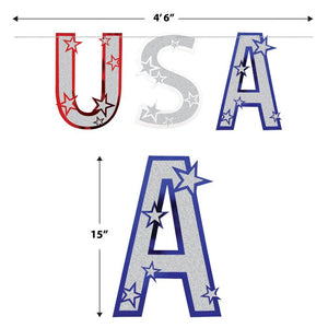 Decorative letters spelling 'USA' with star designs, shown with dimensions on a white background.