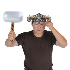 Person wearing a fantasy-style helmet and holding a large hammer on a white background