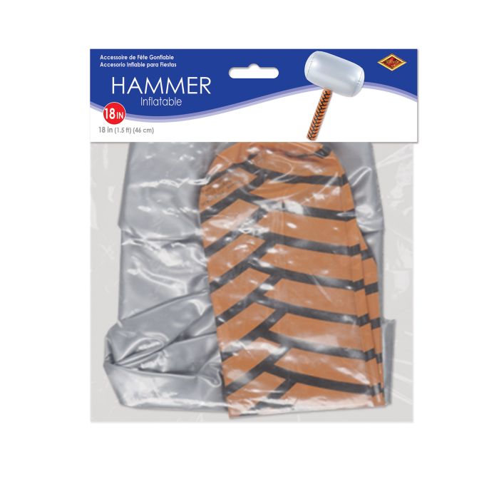 Inflatable hammer toy in packaging with visible brand name.