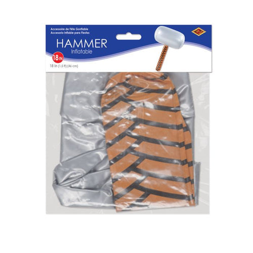 Inflatable hammer toy in packaging with visible brand name.