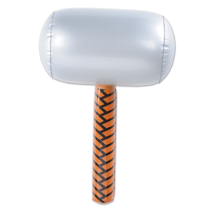 Inflatable hammer with a white head and orange handle on a white background