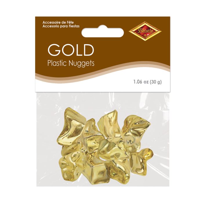 Gold plastic nuggets in packaging with Beistle logo