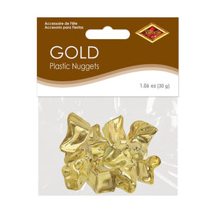 Gold plastic nuggets in packaging with Beistle logo