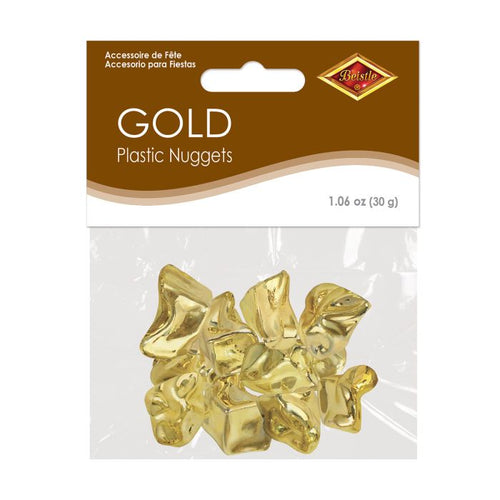 Gold plastic nuggets in packaging with Beistle logo