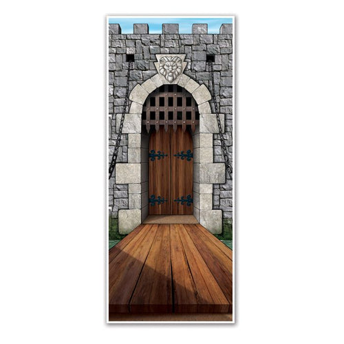 Decorative door with castle design featuring a wooden door and stone wall.
