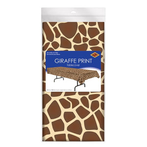 Packaged giraffe print table cover with brand logo on a white background