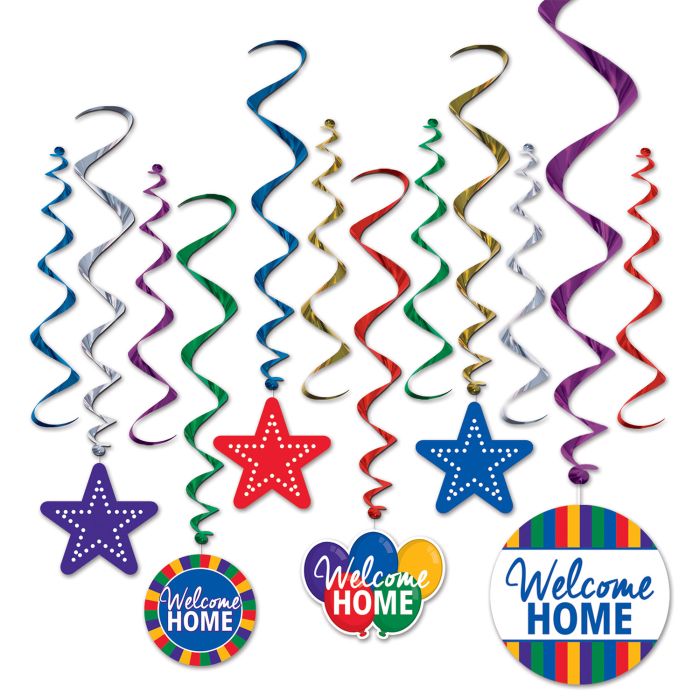 Colorful 'Welcome Home' party decorations including star-shaped and circular banners on a white background.