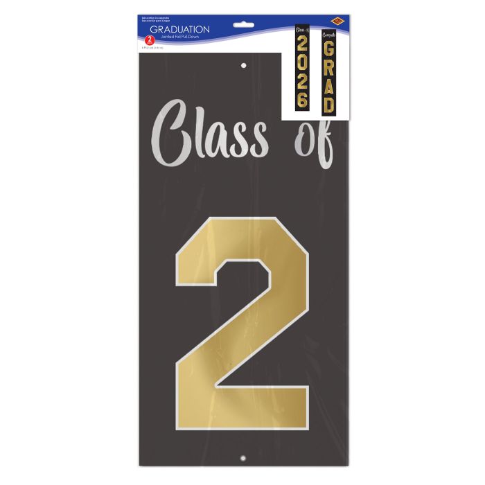 Decorative sign with 'Class of 2026' text and gold number '2' on a black background.