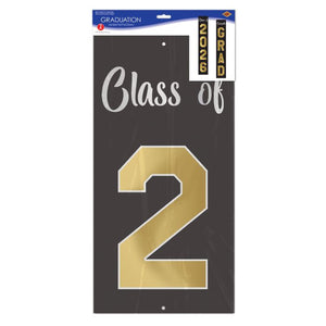 Decorative sign with 'Class of 2026' text and gold number '2' on a black background.