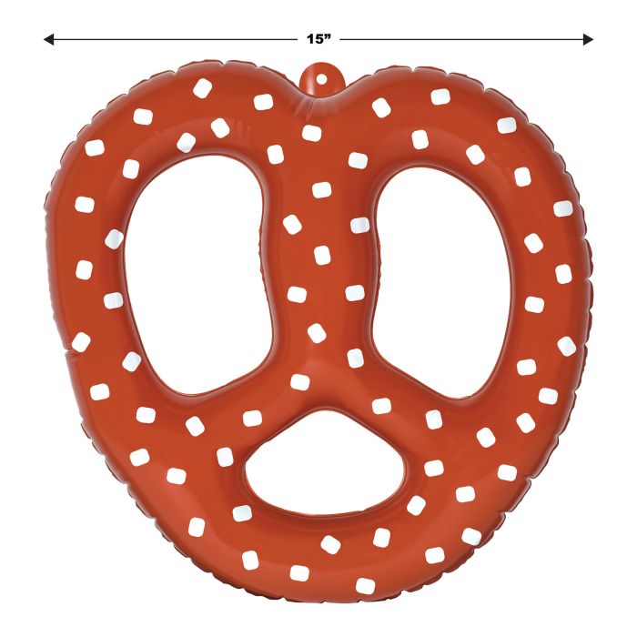 Inflatable pretzel-shaped pool float with measurement label on a white background