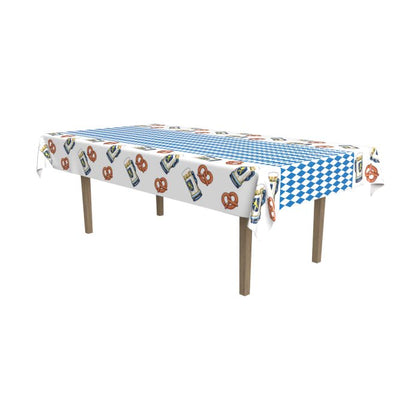 Table with a checkered tablecloth featuring pretzel designs on a white background