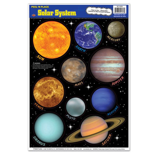 Solar system poster with colorful illustrations of planets on a black background