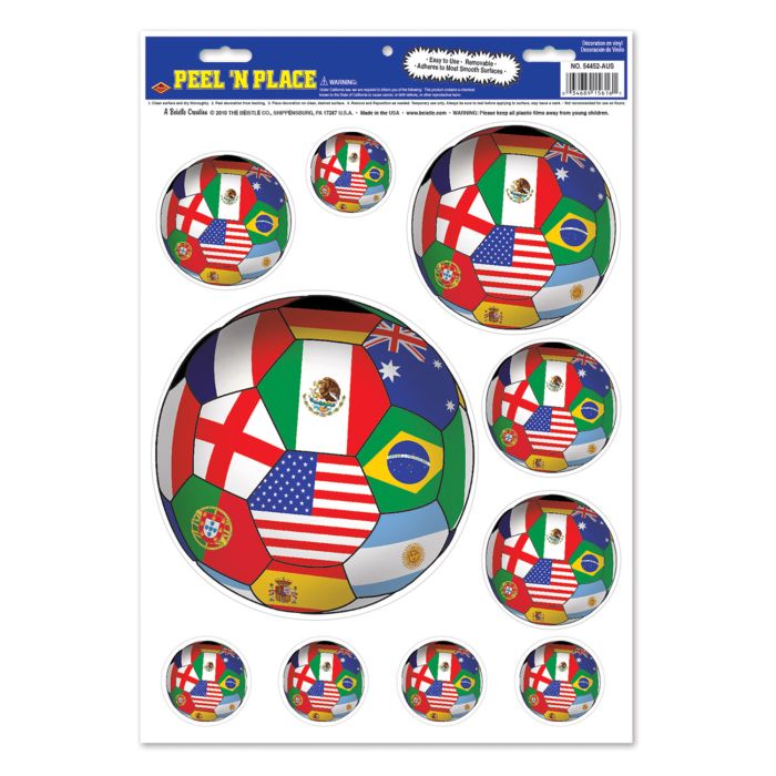 Sheet of peel 'n place stickers with various country flags on a white background