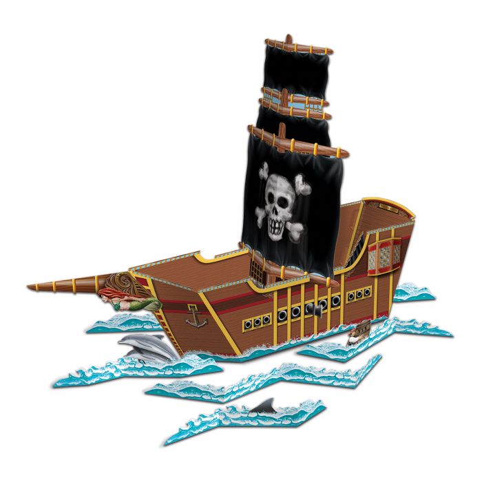 Pirate ship model with a black sail featuring a skull and crossbones on a white background