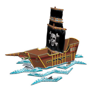 Pirate ship model with a black sail featuring a skull and crossbones on a white background
