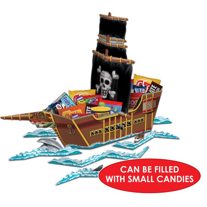 Pirate ship-shaped container filled with small candies on a white background