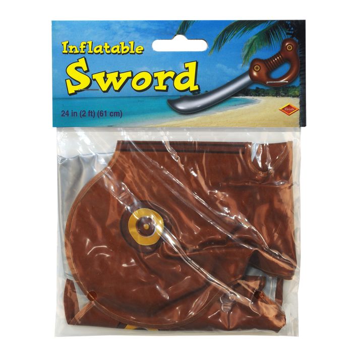 Inflatable sword in packaging with a blue label and beach illustration.