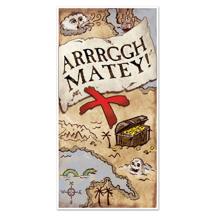 Pirate-themed towel with 'ARRRGH MATEY!' text, treasure chest, and map design.