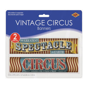 Packaging of vintage circus banners with text on a white background