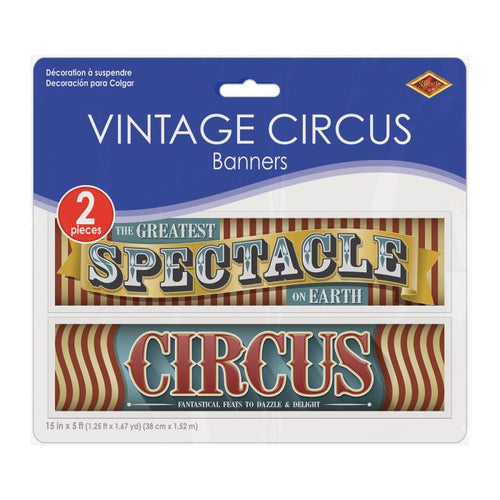 Packaging of vintage circus banners with text on a white background