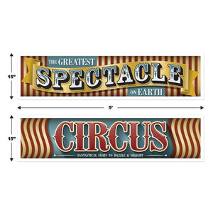 Two vintage-style circus banners with text and dimensions on a white background