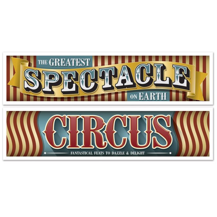 Two vintage-style circus banners with text on a white background
