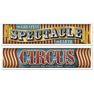 Two vintage-style circus banners with text on a white background